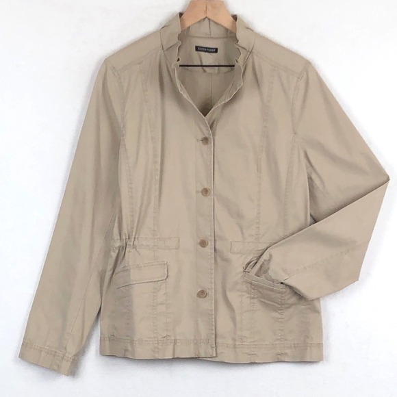 Eileen Fisher Jackets & Blazers - EILEEN FISHER Ruffle Collar Jacket Women's XL Beige Cotton Blend Stretch Button